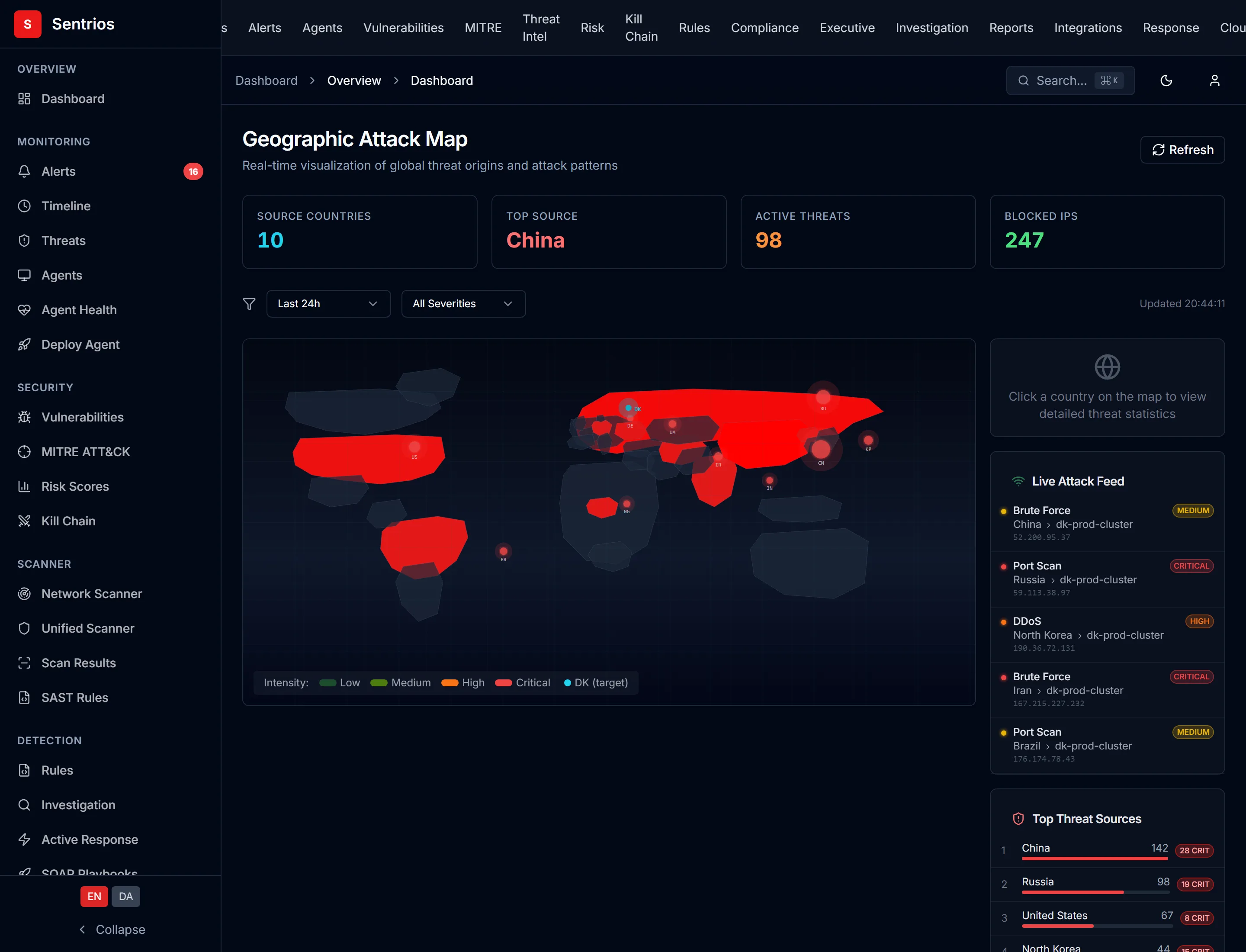 Sentrios threat intelligence view with IOC matches and exploit context