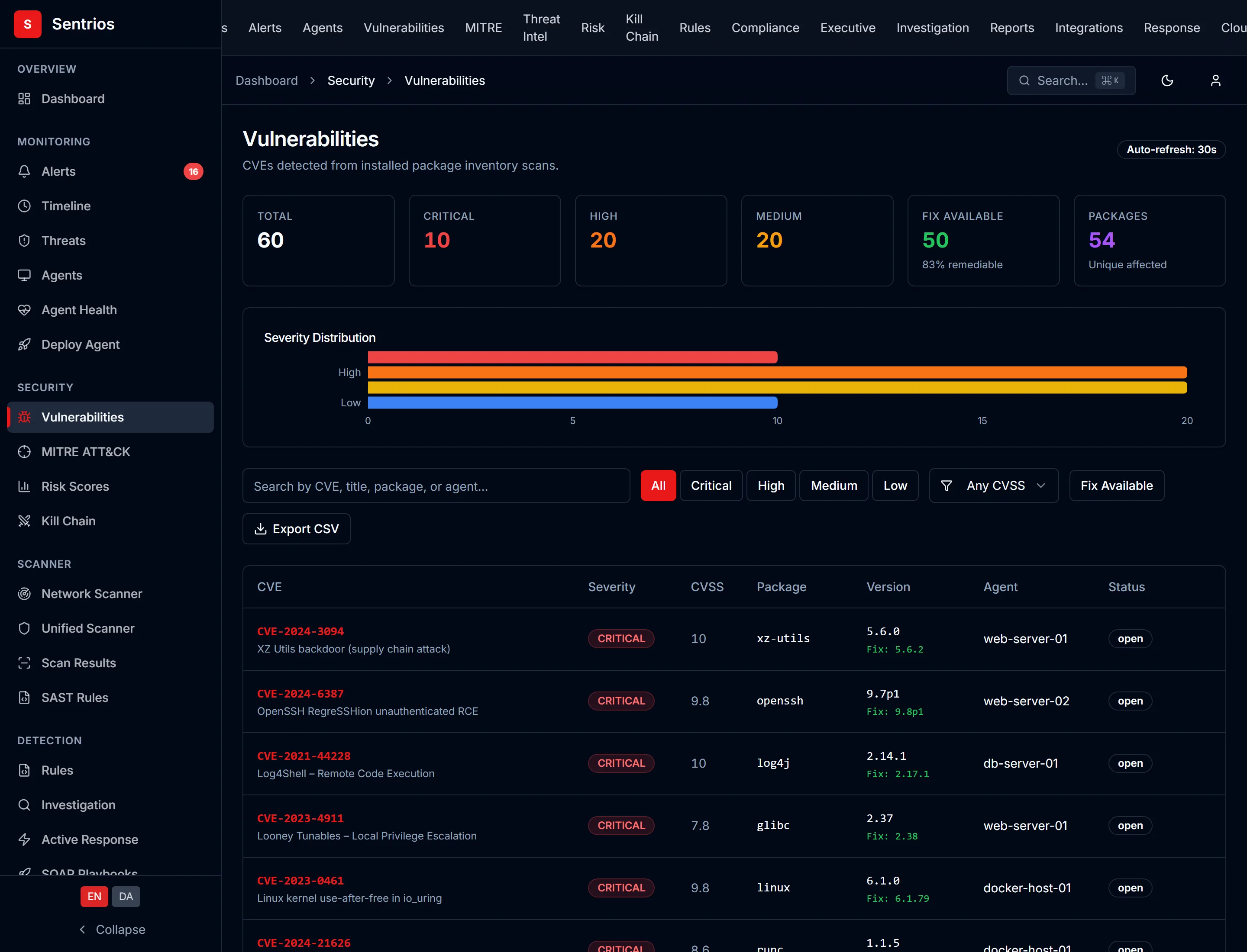 Sentrios vulnerability management view with CVE severity and EPSS scoring